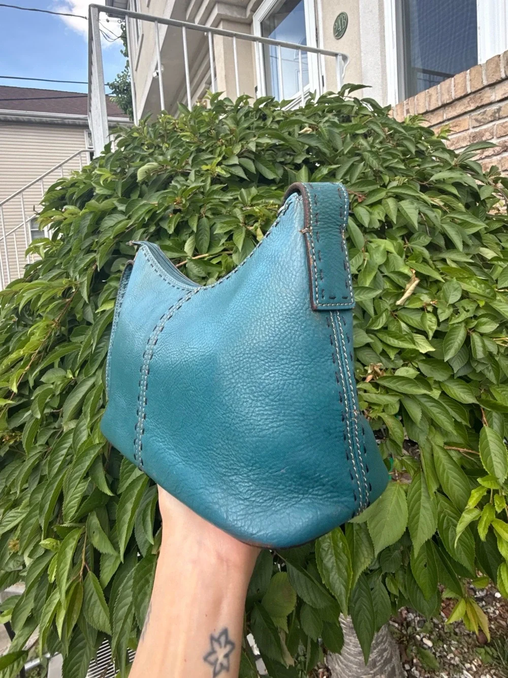 Vintage Fossil Teal Blue Leather Shoulder Bag Y2K Boho Purse - Picture 3 of 9